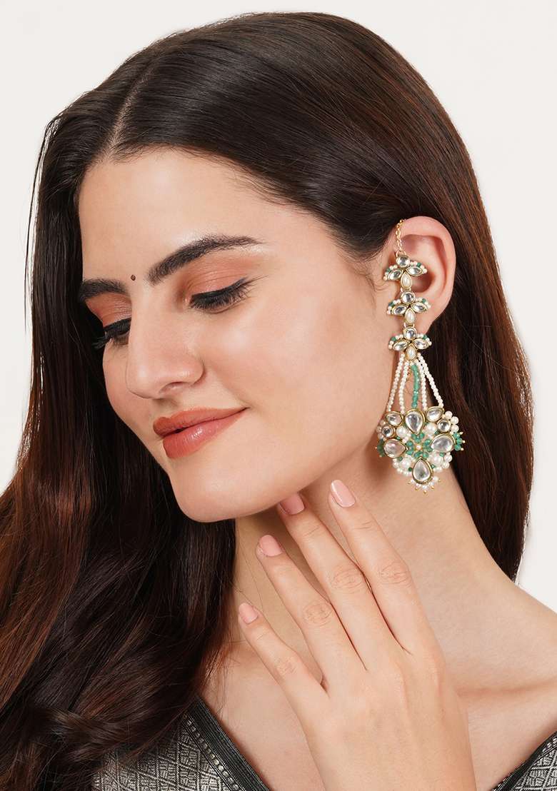 Green Mixed Alloy Gold Tone Green Beads Kundan Kanauti Earrings - Indya