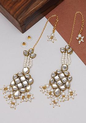 White Mixed Alloy Gold Tone White Beads Kundan Kanauti Earrings