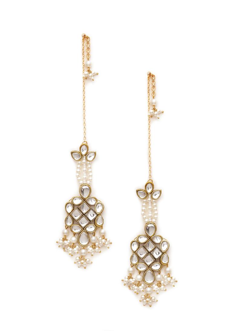 White Mixed Alloy Gold Tone White Beads Kundan Kanauti Earrings