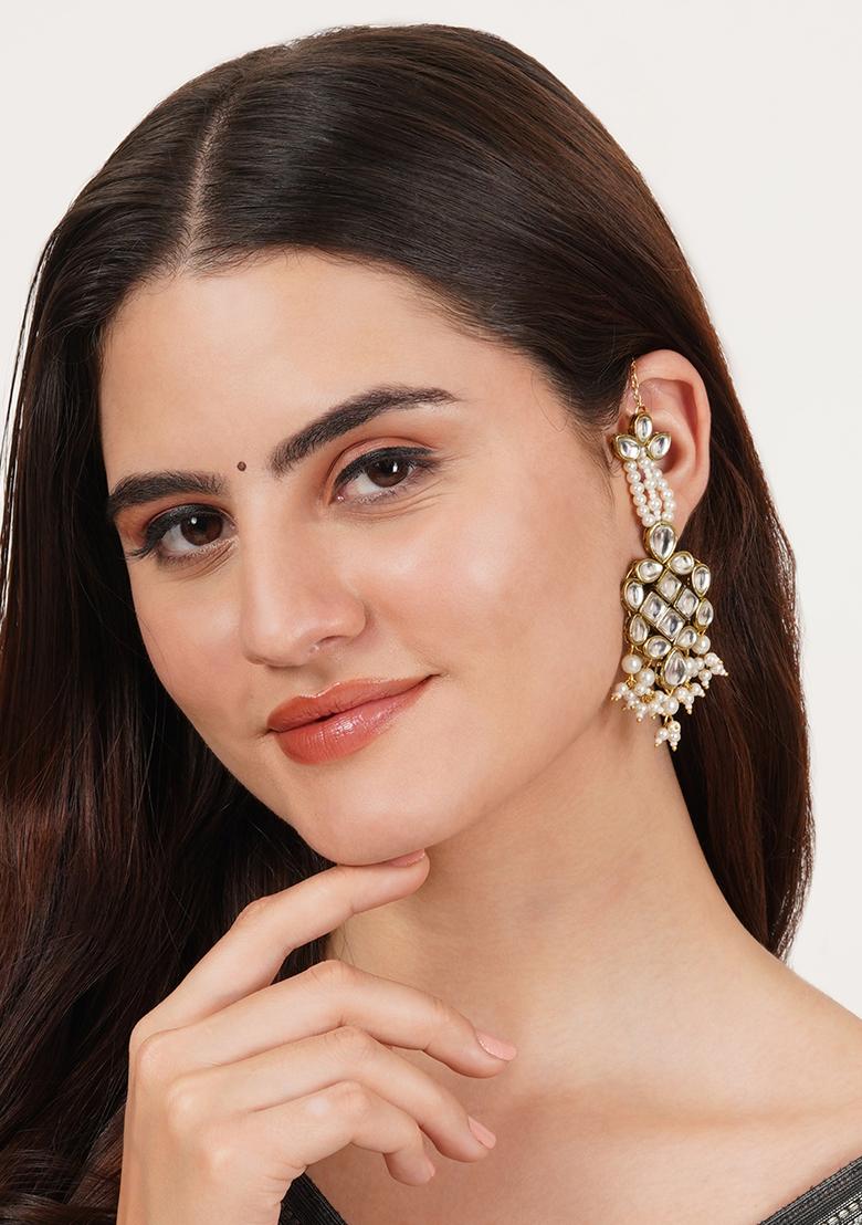 White Mixed Alloy Gold Tone White Beads Kundan Kanauti Earrings
