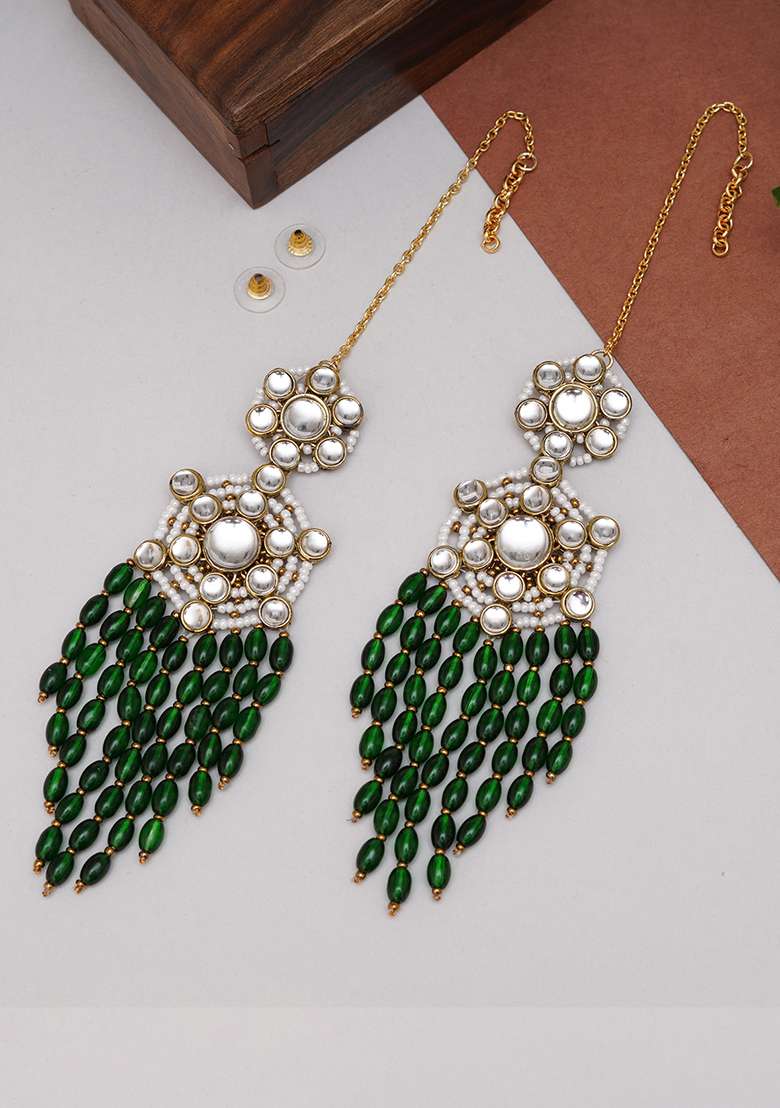 Green Mixed Alloy Gold Tone Green Dangling Beads Kundan Kanauti Earrings - Indya