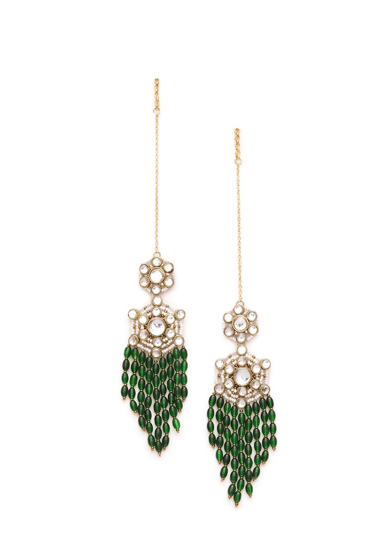 Green Mixed Alloy Gold Tone Green Dangling Beads Kundan Kanauti Earrings