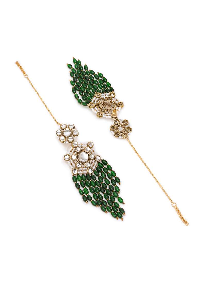 Green Mixed Alloy Gold Tone Green Dangling Beads Kundan Kanauti Earrings - Indya