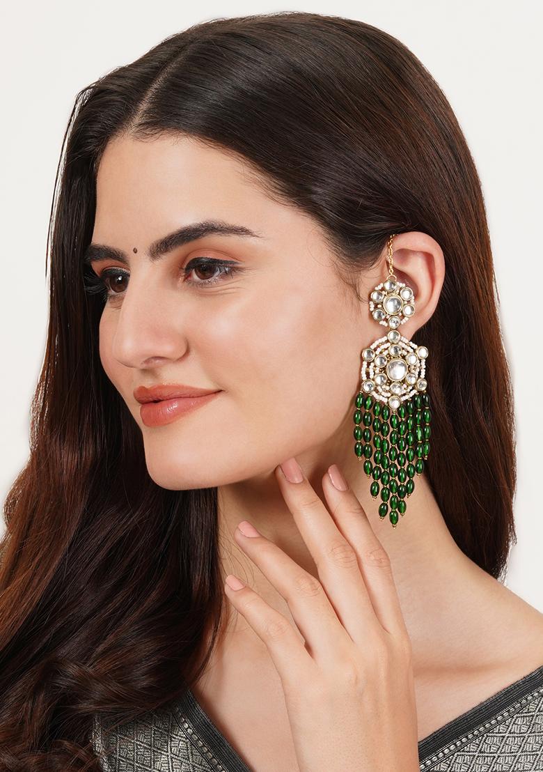 Green Mixed Alloy Gold Tone Green Dangling Beads Kundan Kanauti Earrings