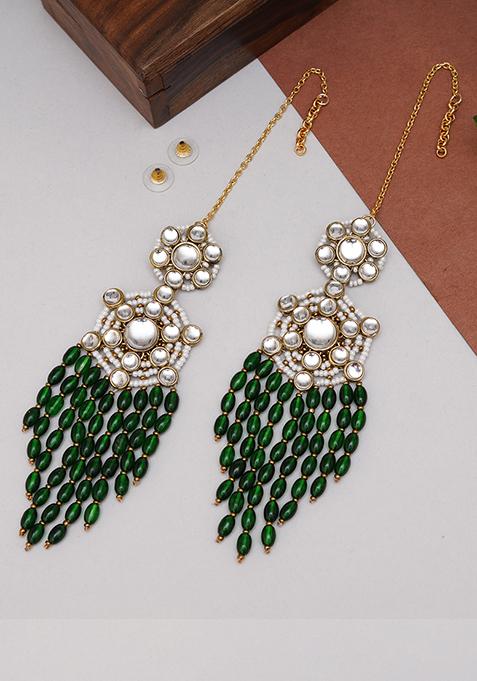 Green Mixed Alloy Gold Tone Green Dangling Beads Kundan Kanauti Earrings