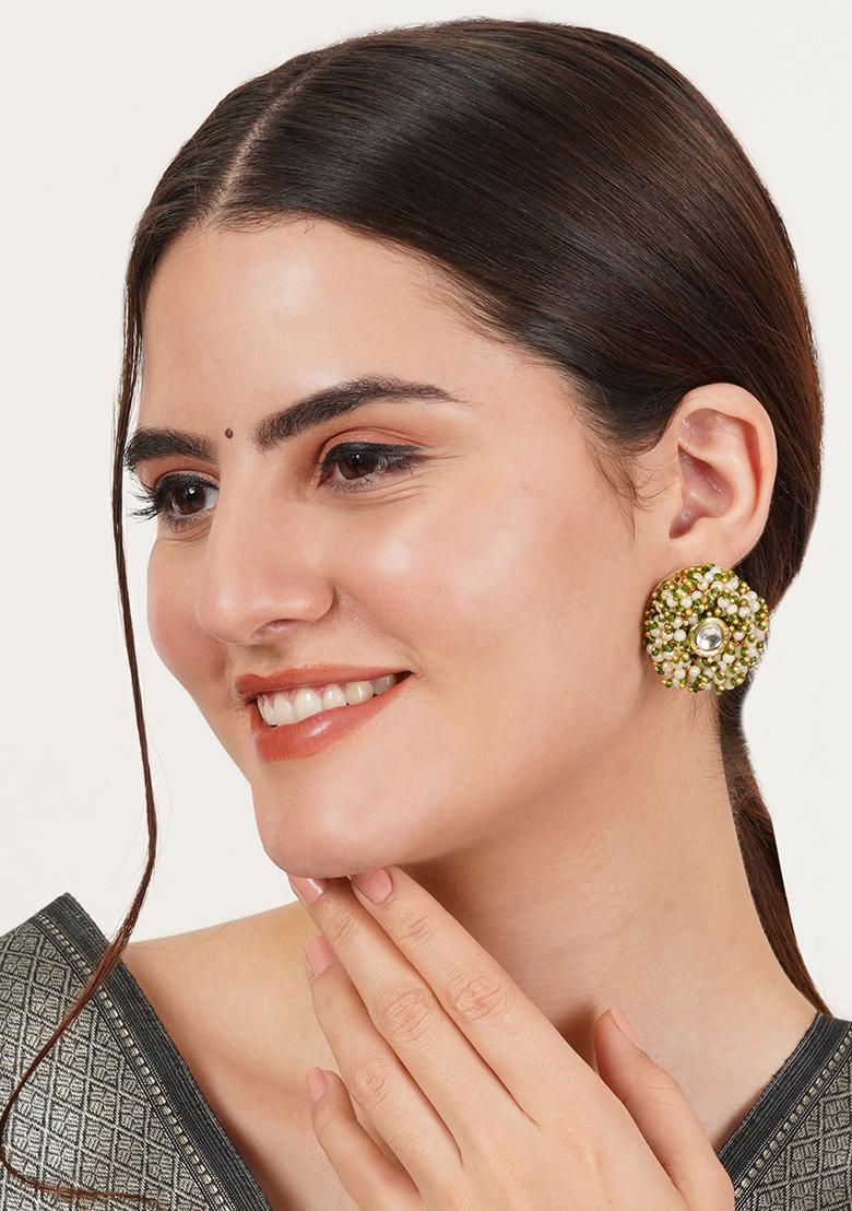 Green Mixed Alloy Gold Tone Greenand White Garden Of Pearl Kundan Earrings