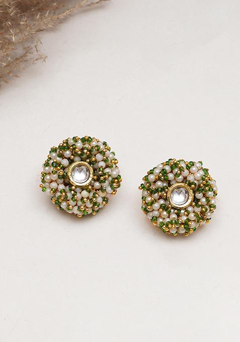 Green Mixed Alloy Gold Tone Greenand White Garden Of Pearl Kundan Earrings