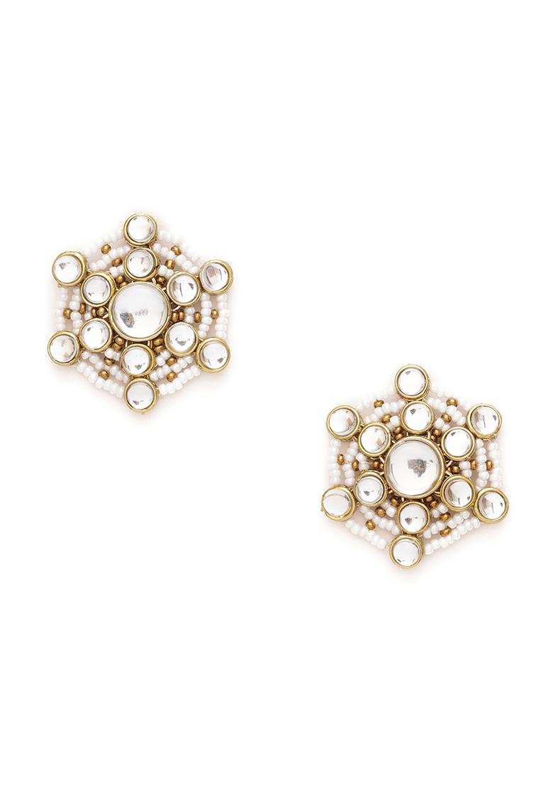 White Mixed Alloy Golden Tone Kundanand White Pearls Studs Earrings