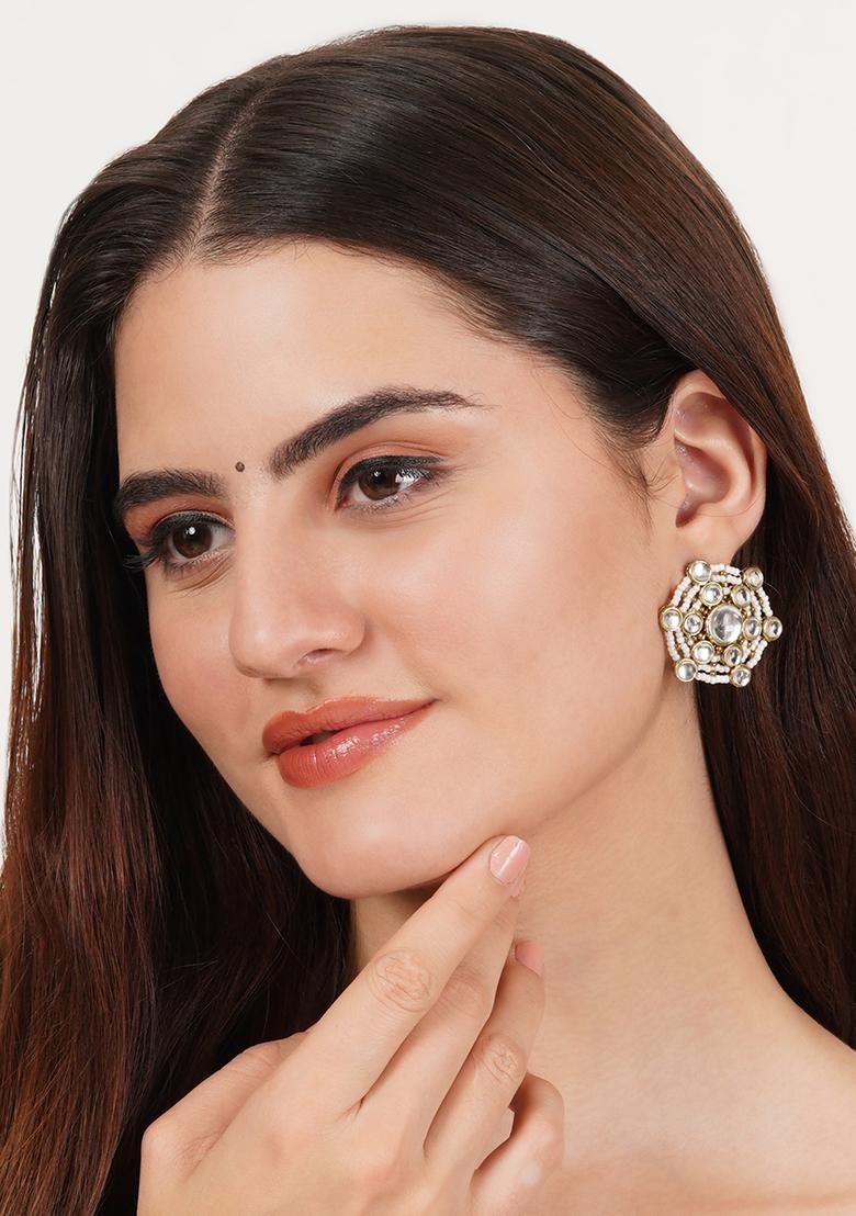 White Mixed Alloy Golden Tone Kundanand White Pearls Studs Earrings