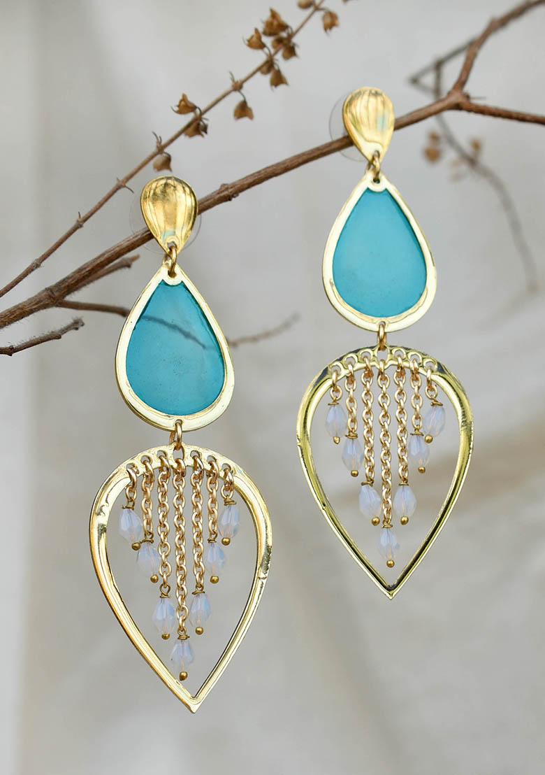Blue Stainless Steel Water Dew Drops Blue Resin Earrings