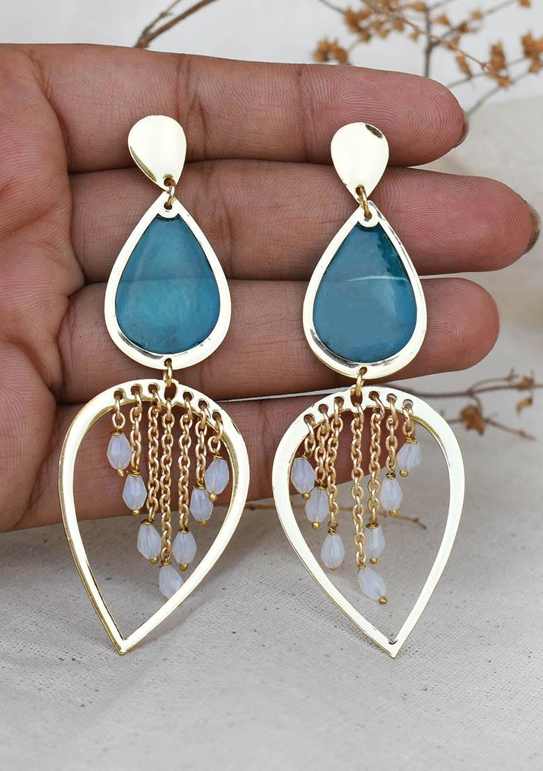 Blue Stainless Steel Water Dew Drops Blue Resin Earrings