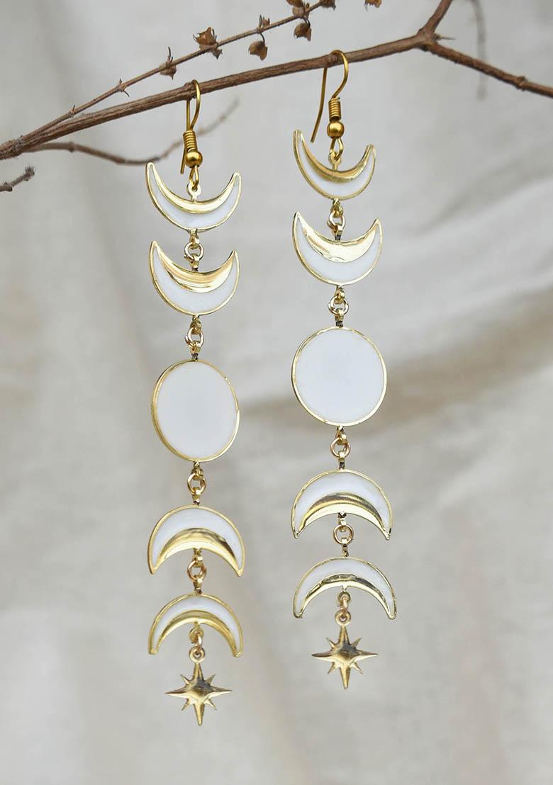 White Stainless Steel Phases Of Moon Whiteand Golden Resin Earrings