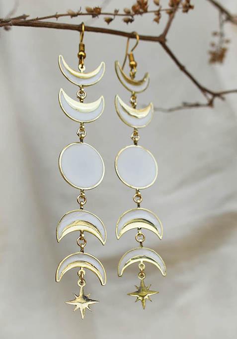 White Stainless Steel Phases Of Moon Whiteand Golden Resin Earrings