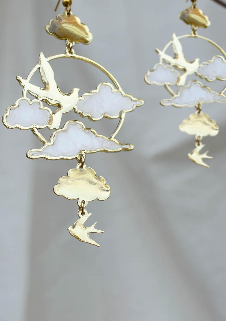 White Stainless Steel Cloudsand Birds White Resin Earrings