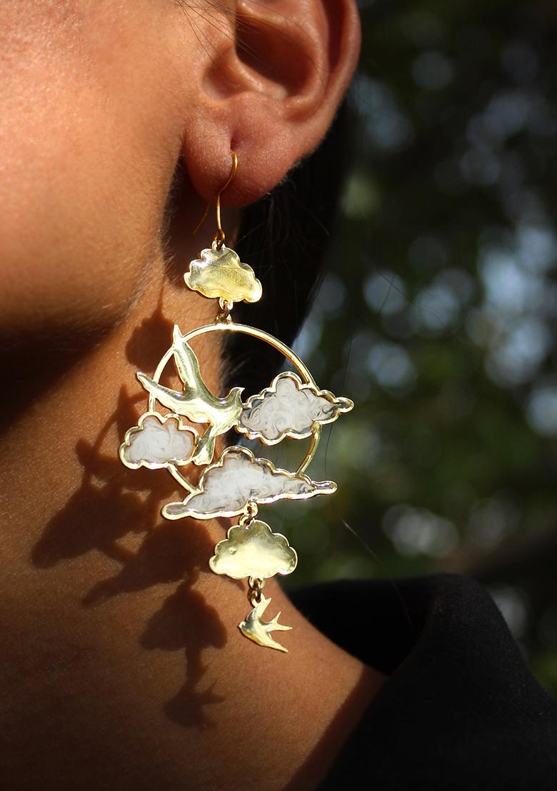 White Stainless Steel Cloudsand Birds White Resin Earrings