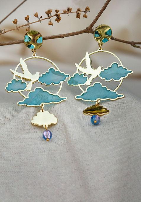 Blue Stainless Steel Birdand Sky Blue Resin Earrings
