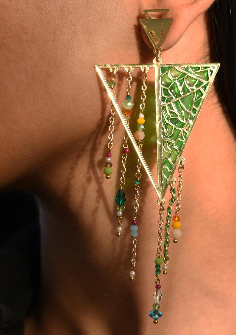 Green Stainless Steel Leafy Affair Resin Earrings