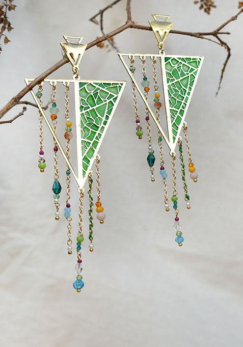Green Stainless Steel Leafy Affair Resin Earrings