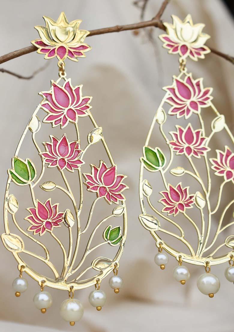 Maroon And Green Stainless Steel Lotus Flower Resin Earrings