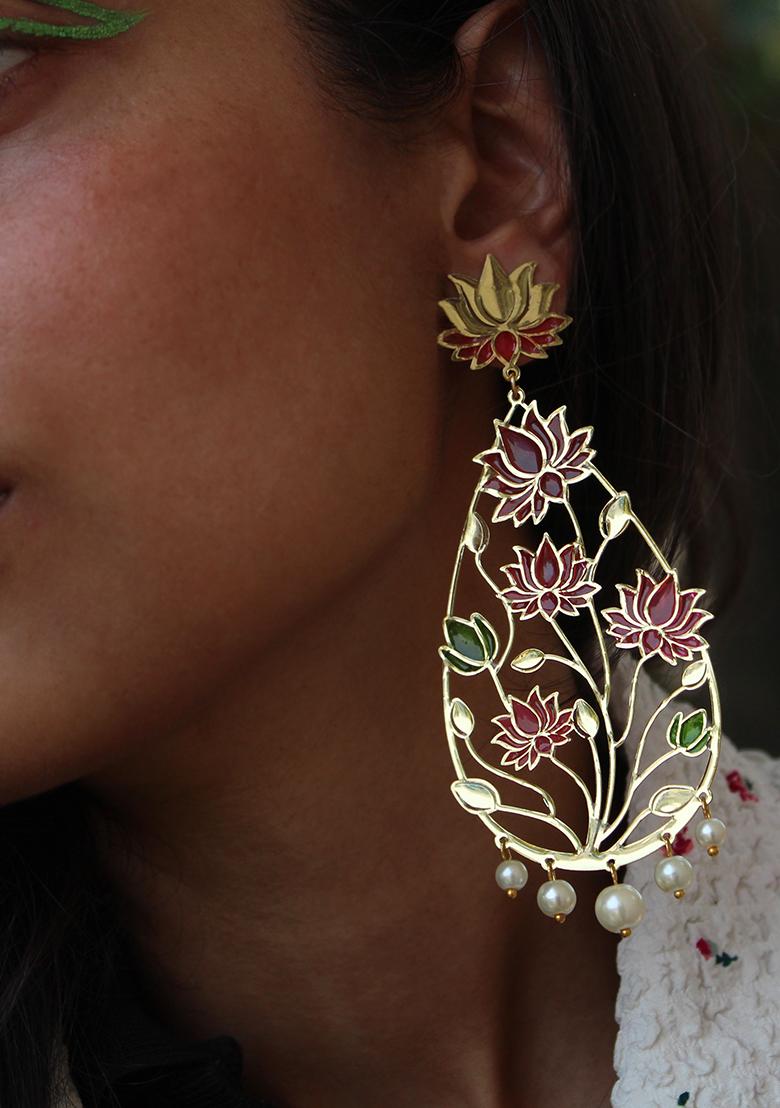 Maroon And Green Stainless Steel Lotus Flower Resin Earrings