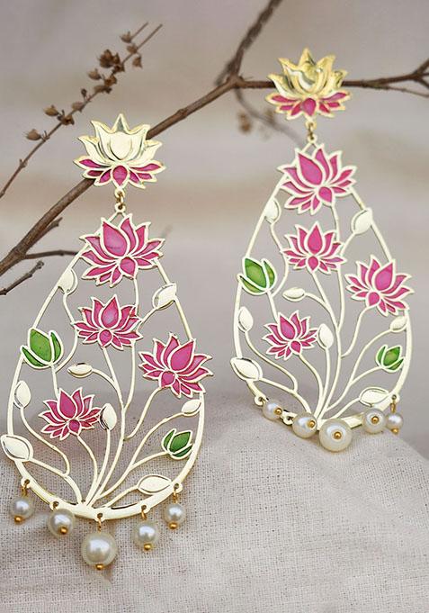 Maroon And Green Stainless Steel Lotus Flower Resin Earrings