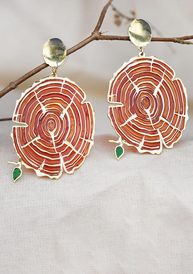 Brownish Red Stainless Steel Wooden Bark Resin Earrings