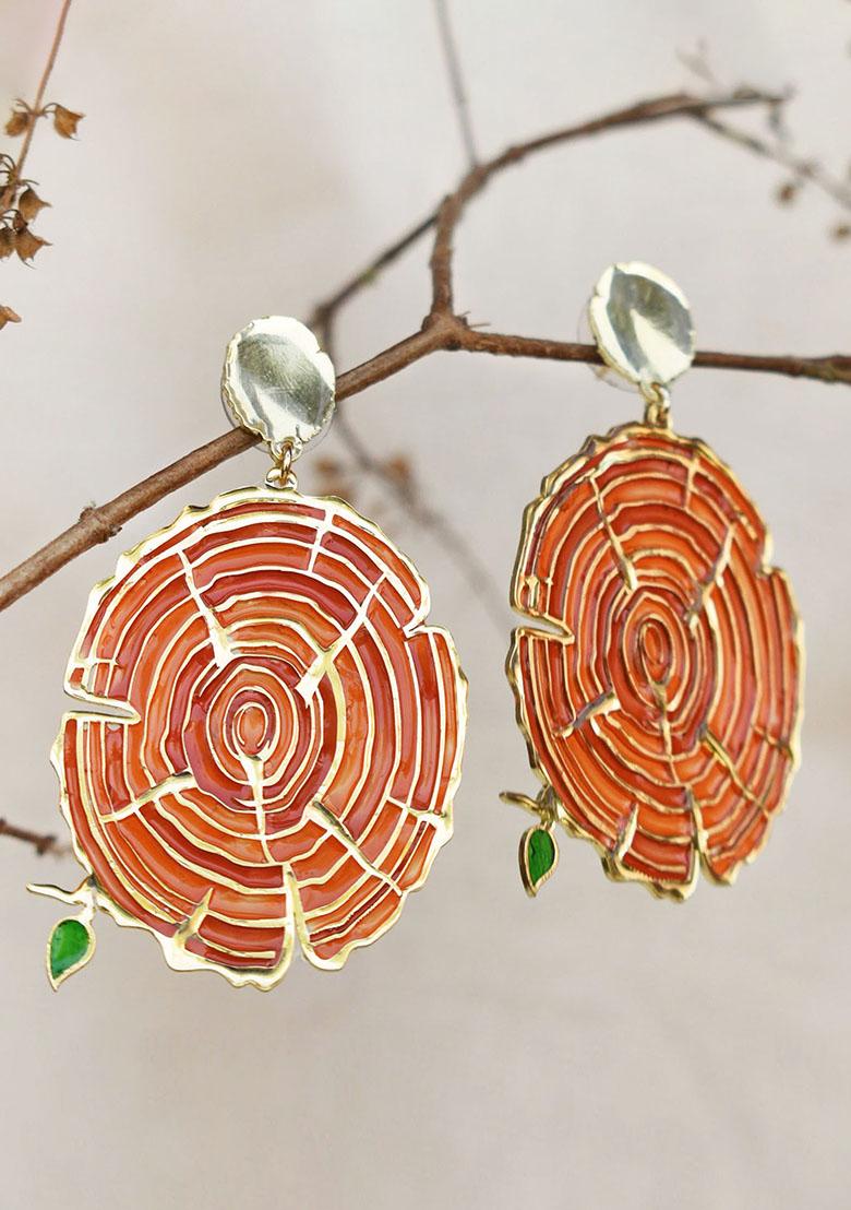 Brownish Red Stainless Steel Wooden Bark Resin Earrings