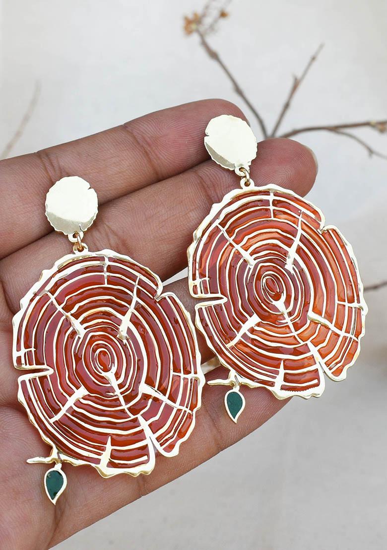 Brownish Red Stainless Steel Wooden Bark Resin Earrings