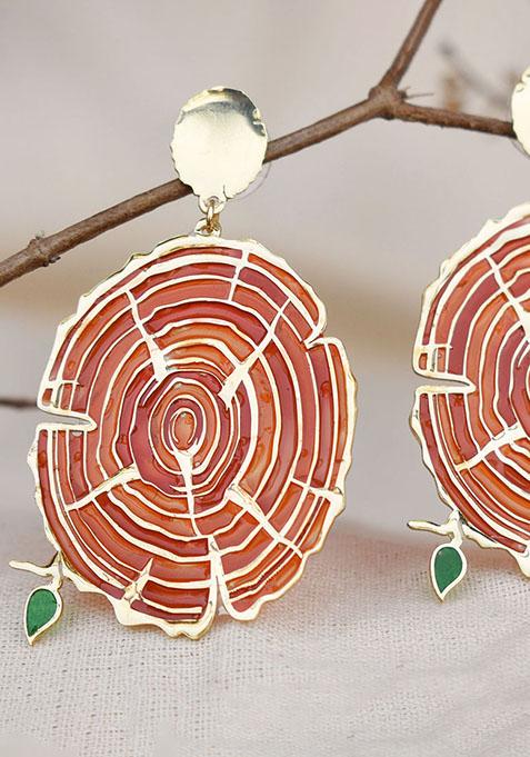 Brownish Red Stainless Steel Wooden Bark Resin Earrings