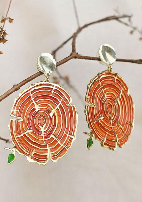 Brownish Red Stainless Steel Wooden Bark Resin Earrings