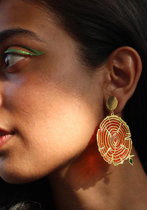 Brownish Red Stainless Steel Wooden Bark Resin Earrings