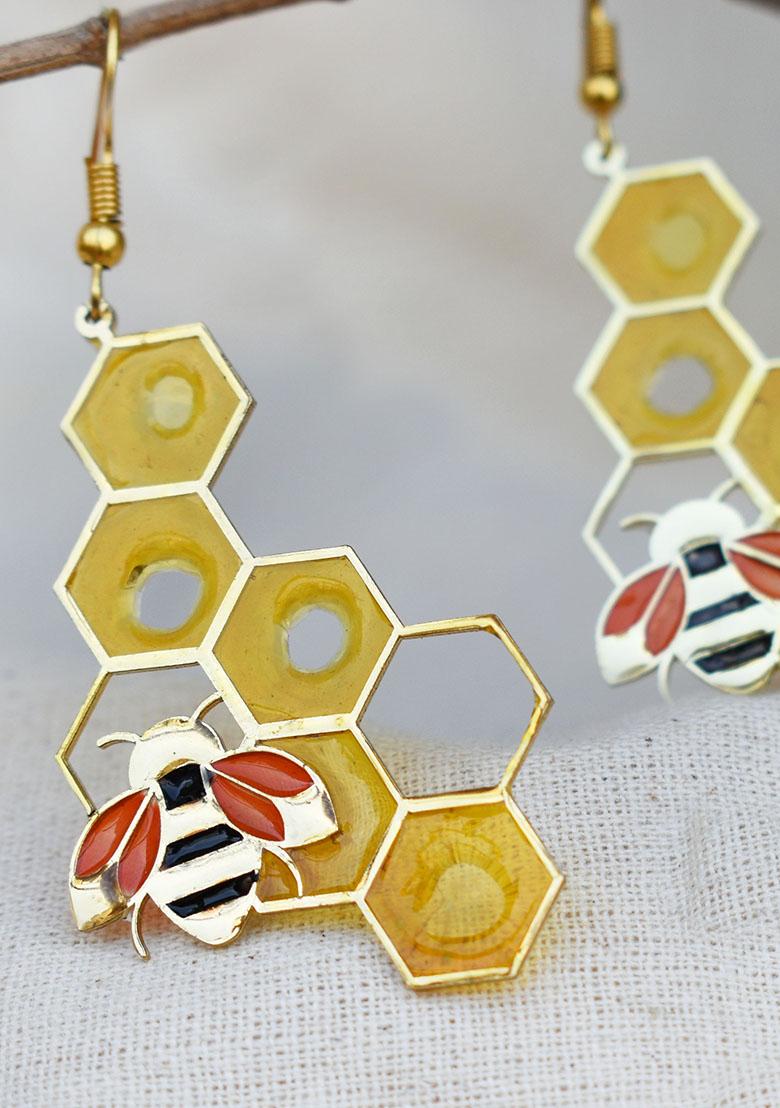 Orange Stainless Steel Honey Bee Theme Resin Earrings