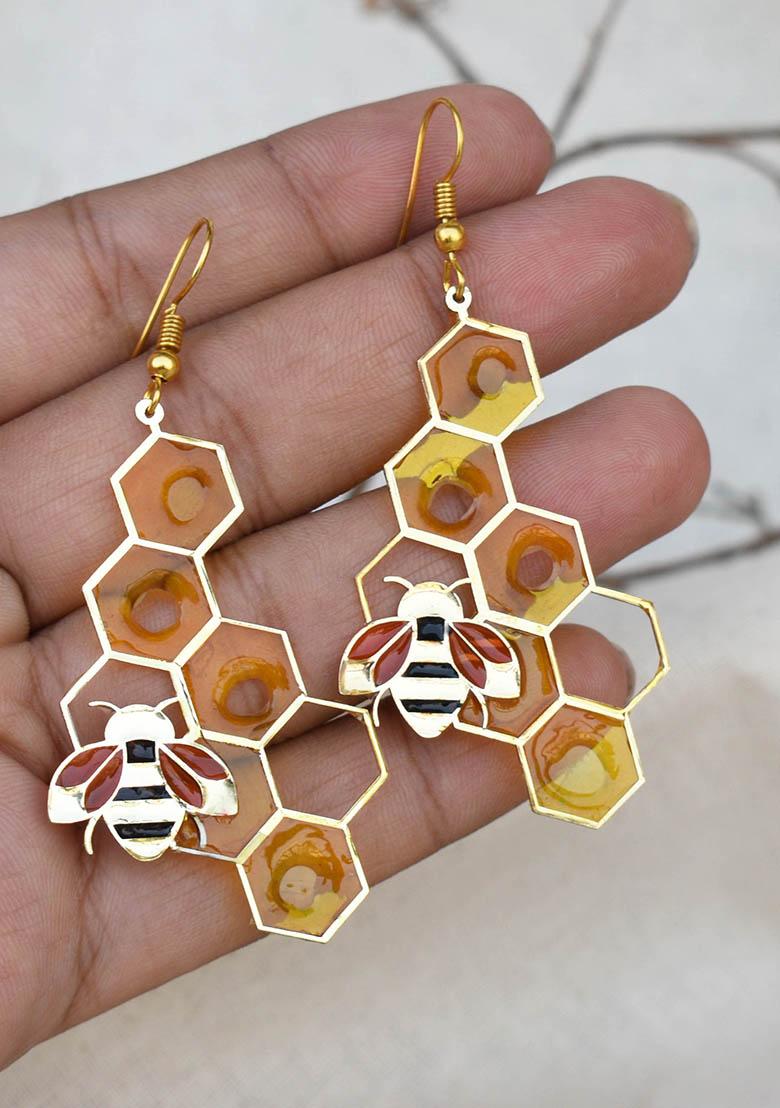 Orange Stainless Steel Honey Bee Theme Resin Earrings