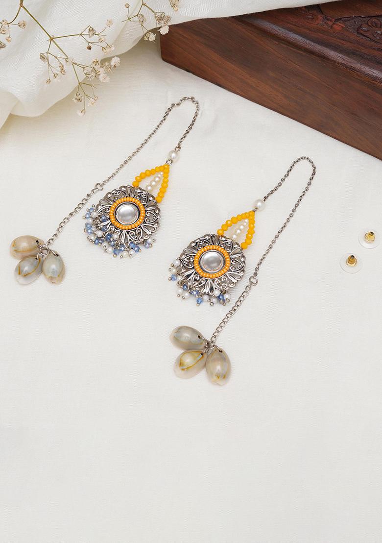 Multicolor Mixed Alloy Yellow Beaded Kanuati Earrings With Shells Earrings