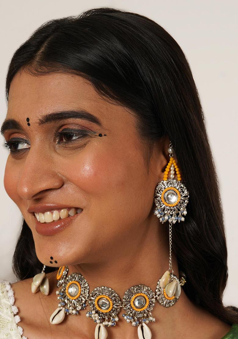 Multicolor Mixed Alloy Yellow Beaded Kanuati Earrings With Shells Earrings