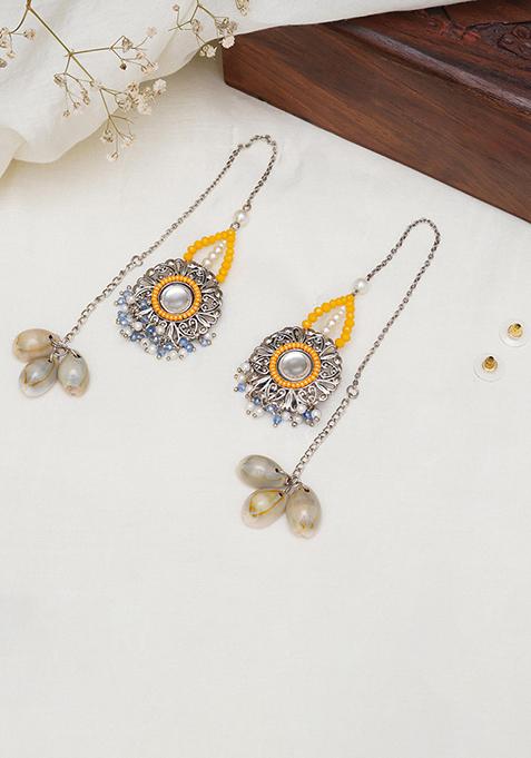 Multicolor Mixed Alloy Yellow Beaded Kanuati Earrings With Shells Earrings