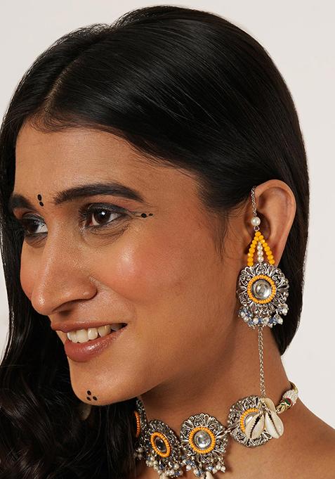 Multicolor Mixed Alloy Yellow Beaded Kanuati Earrings With Shells Earrings