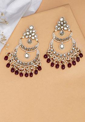 Red Mixed Alloy Royal Kundan Chandbali Earrings With Pearlsand Maroon Semi Precious Stones Earrings