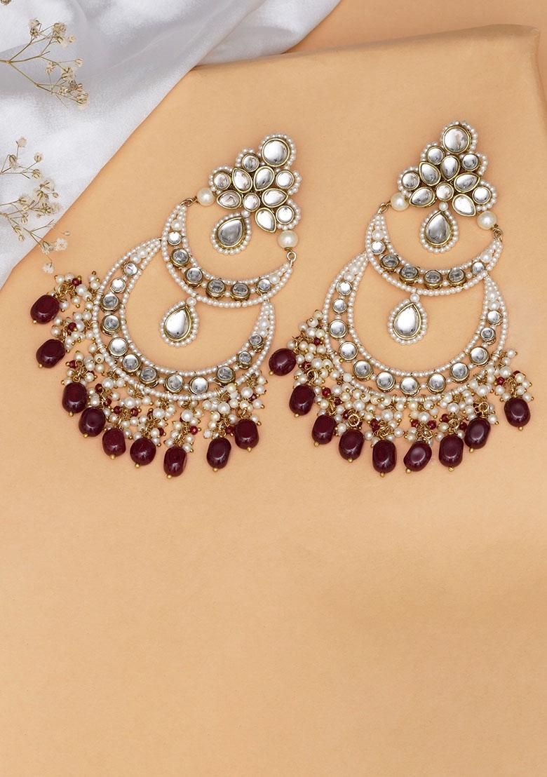 Red Mixed Alloy Royal Kundan Chandbali Earrings With Pearlsand Maroon Semi Precious Stones Earrings