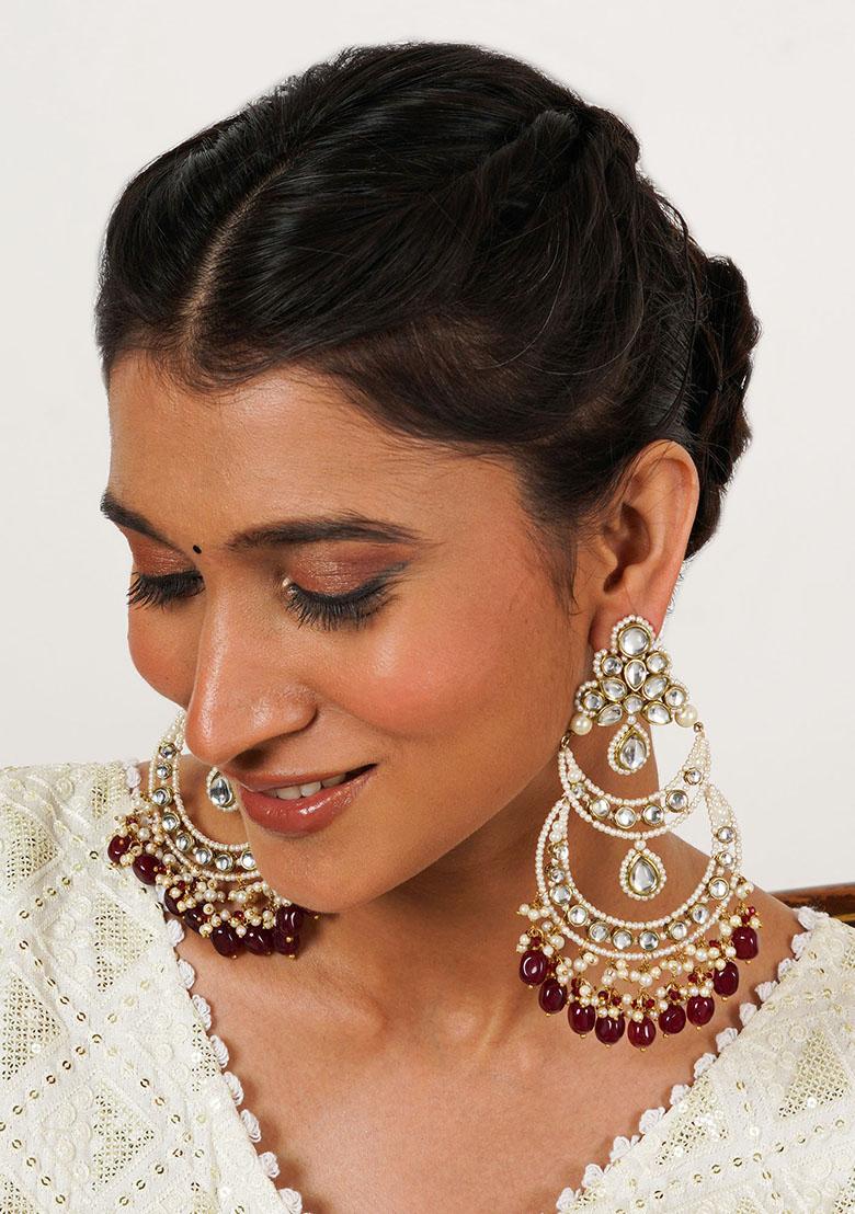 Red Mixed Alloy Royal Kundan Chandbali Earrings With Pearlsand Maroon Semi Precious Stones Earrings