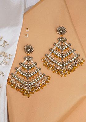 Yellow Mixed Alloy Traditional Kundan Dangler Earrings With Yellow Beadsand White Pearls Earrings