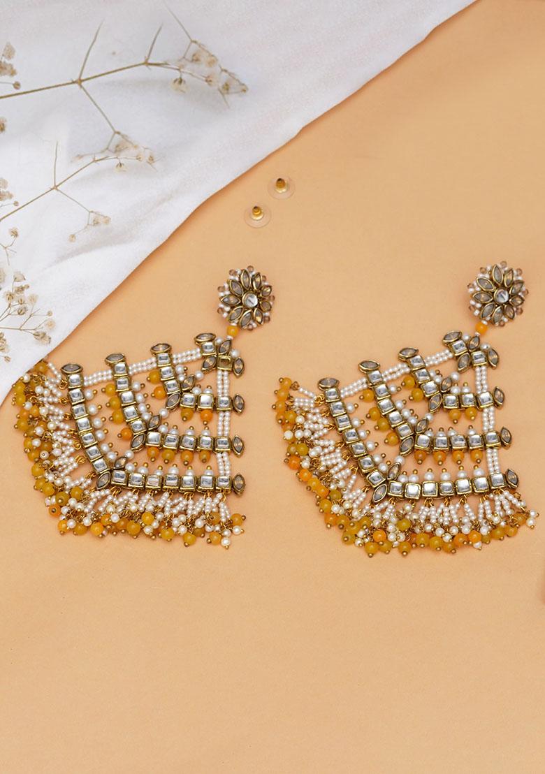 Yellow Mixed Alloy Traditional Kundan Dangler Earrings With Yellow Beadsand White Pearls Earrings