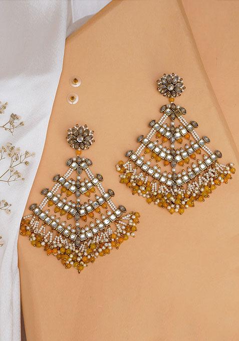 Yellow Mixed Alloy Traditional Kundan Dangler Earrings With Yellow Beadsand White Pearls Earrings