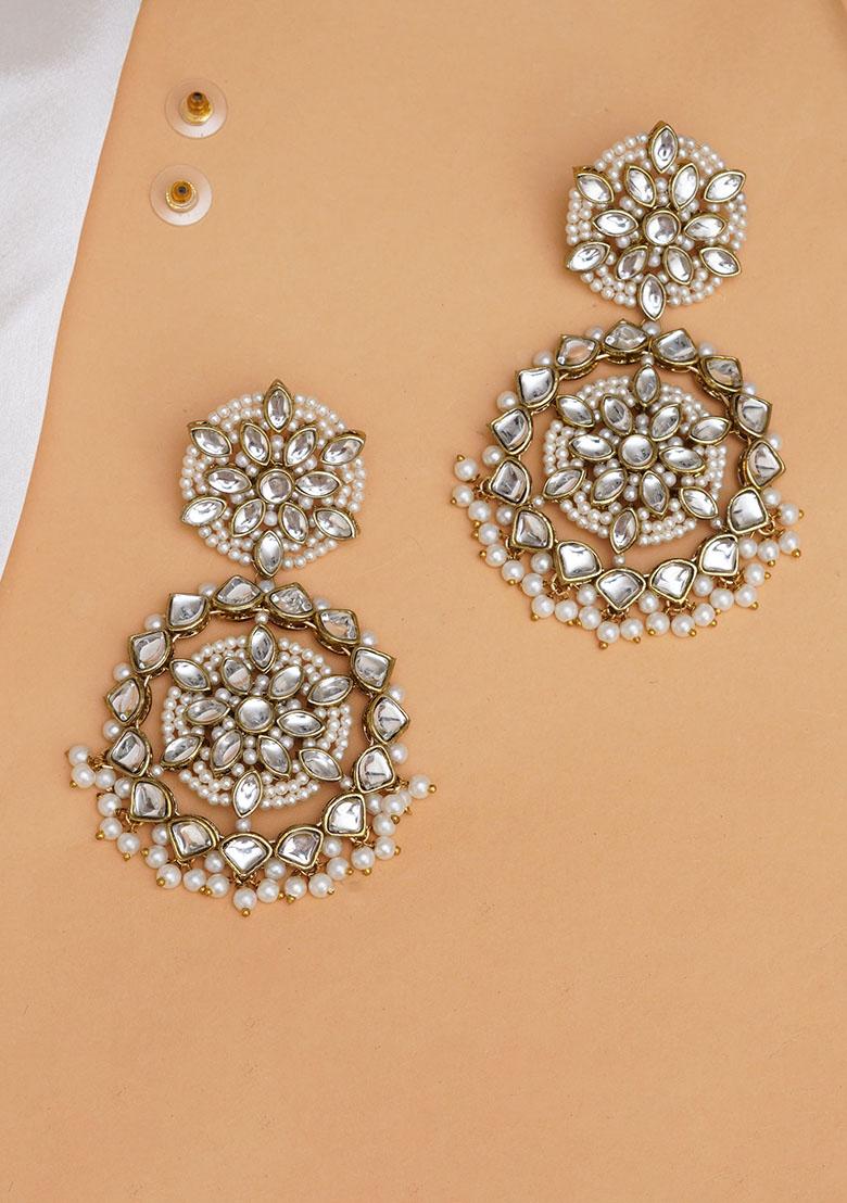 White Mixed Alloy Handcrafted Kundan Flower Stud Earrings With Pearl Fringe Earrings