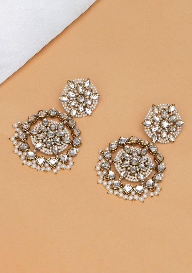 White Mixed Alloy Handcrafted Kundan Flower Stud Earrings With Pearl Fringe Earrings