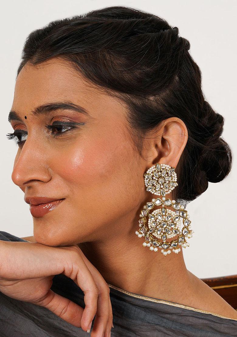 White Mixed Alloy Handcrafted Kundan Flower Stud Earrings With Pearl Fringe Earrings