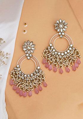 Light Pink Mixed Alloy Rose Pink Crystal Kundan Chandbali Earrings With Pearls Earrings