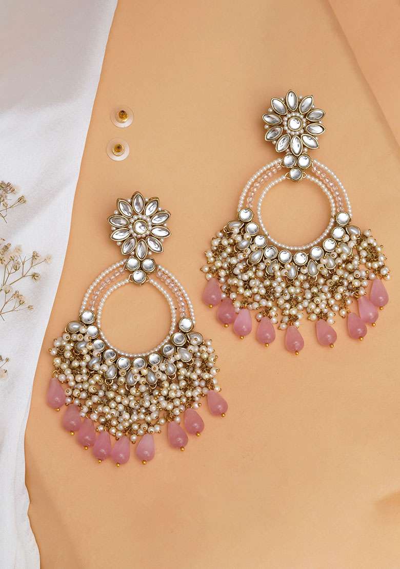 Light Pink Mixed Alloy Rose Pink Crystal Kundan Chandbali Earrings With Pearls Earrings - Indya