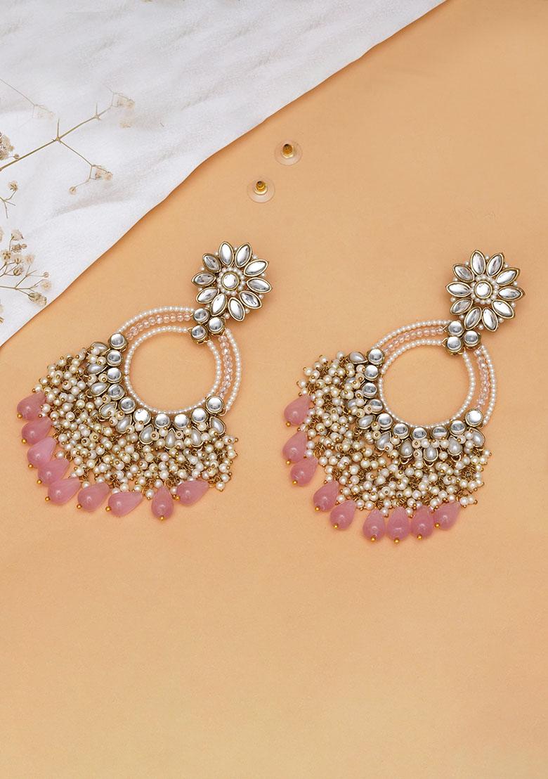 Light Pink Mixed Alloy Rose Pink Crystal Kundan Chandbali Earrings With Pearls Earrings