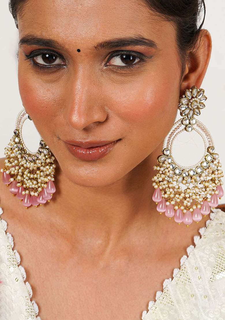 Light Pink Mixed Alloy Rose Pink Crystal Kundan Chandbali Earrings With Pearls Earrings - Indya
